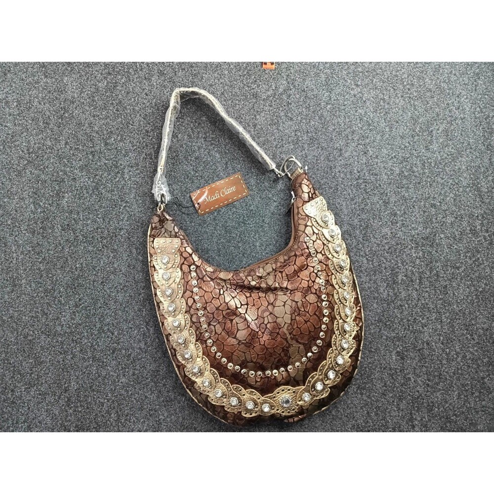 Madi Claire Brown Metallic Mosaic Hobo Shoulder Bag with Crystal Accents